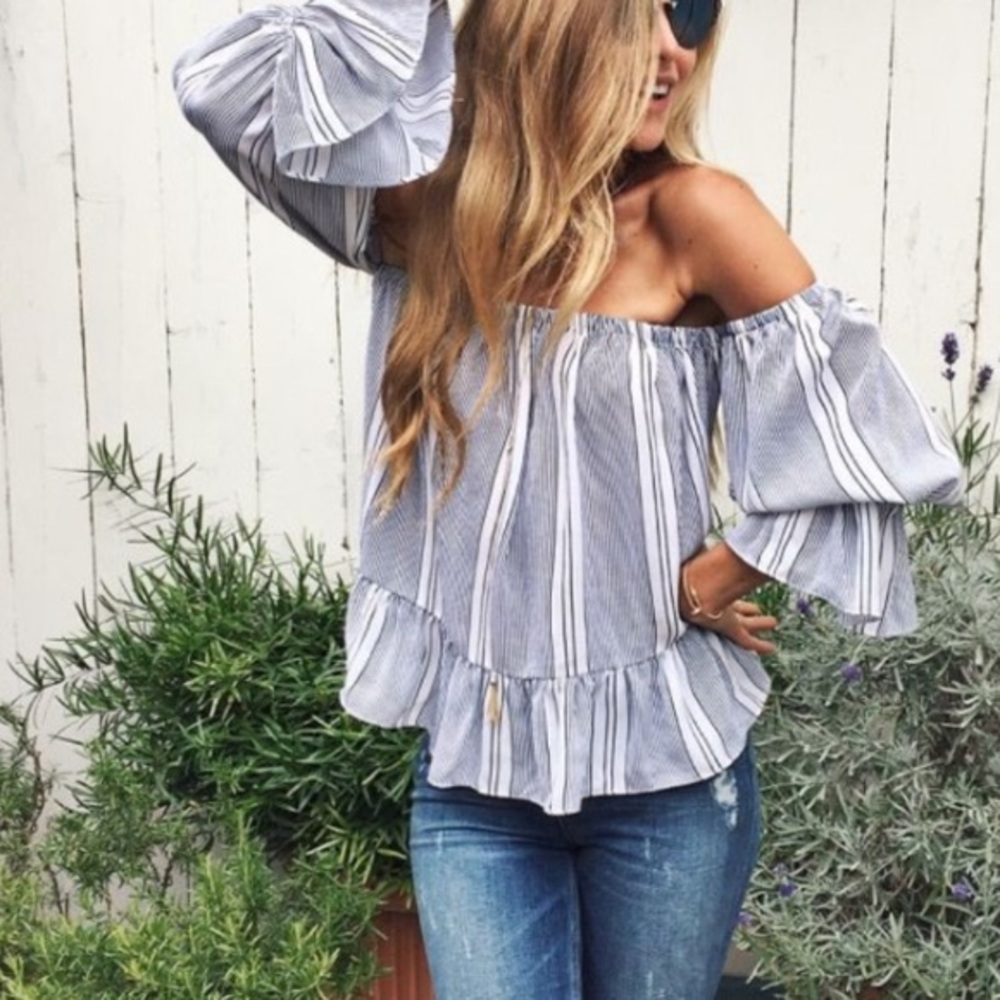 MISA blue and white striped off the shoulder top